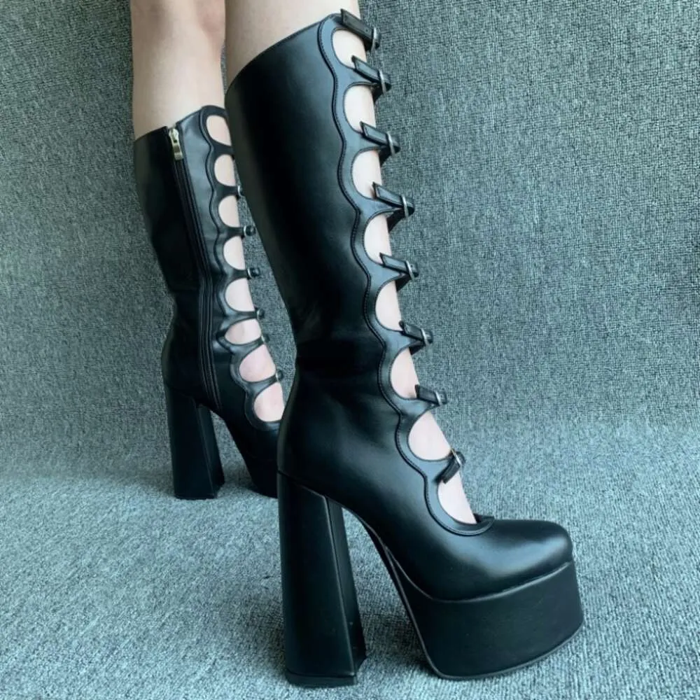Boots Rubber Sole Platform Heels 2024Black Hollow Out Platform