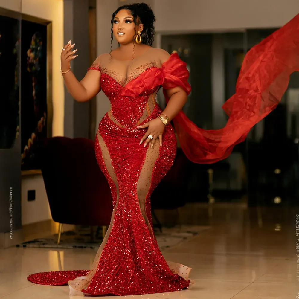 Glamorous Elegant Plus Size Evening Gowns Red Sequin Lace Mermaid Red  Sparkly Prom Dress For Plus