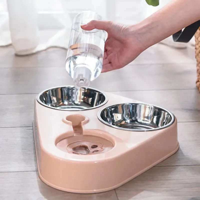 DHgate 2024 Stainless Steel Double 3 in 1 Dog Bowl Cat Feeder with Automatic Pet Water Bottle Pet Supplies