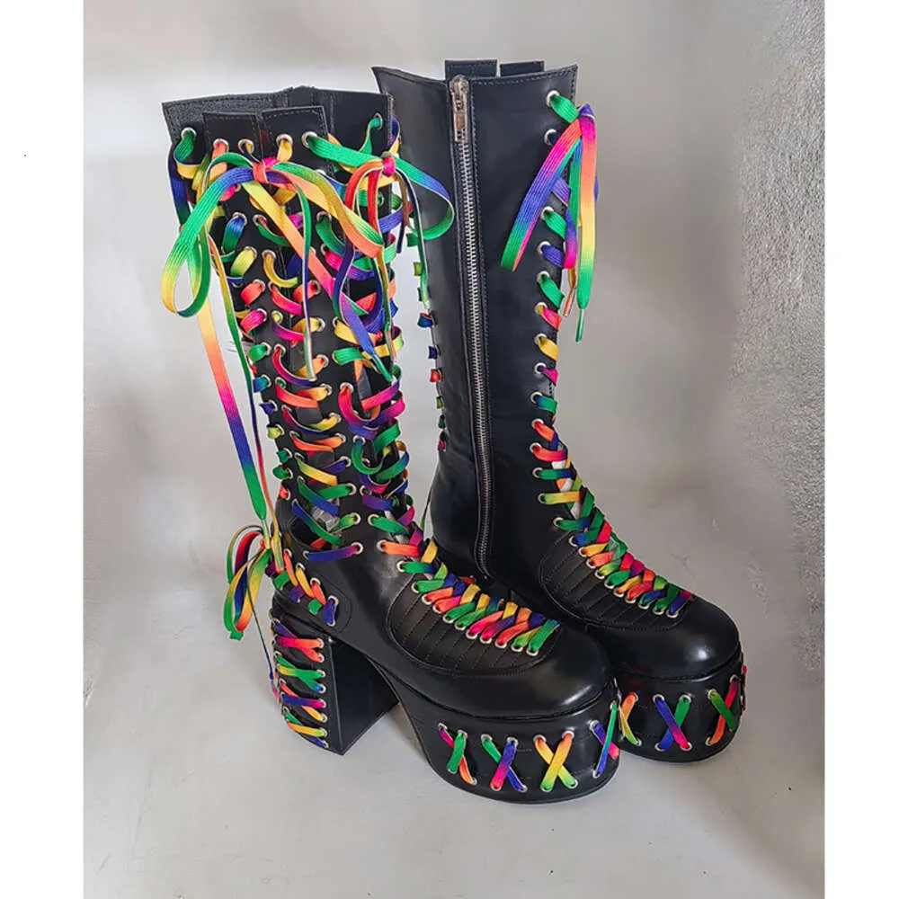 Bulk Womens Rainbow Shoelace Round Toe Platform Thick Heel  Colorful Rainbow Buckles/Sole Black Canvas Knee-High Platform Boots main image 0