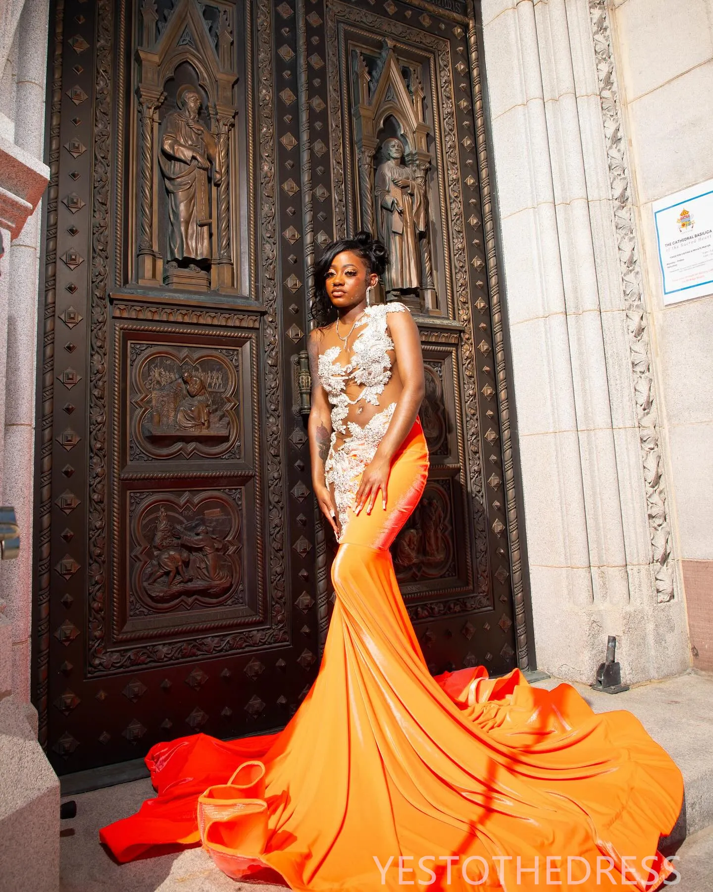open lace back dress Mermaid Spaghetti Straps Sequined Lace Prom Dress, Orange / 18 main image 0