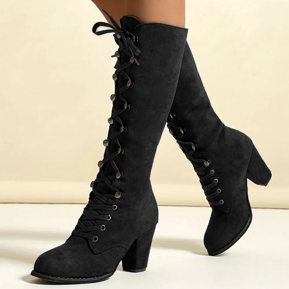 Mid Calf Lace Up Heel Boots Freesia Lace-Up Platform Chunky Heel