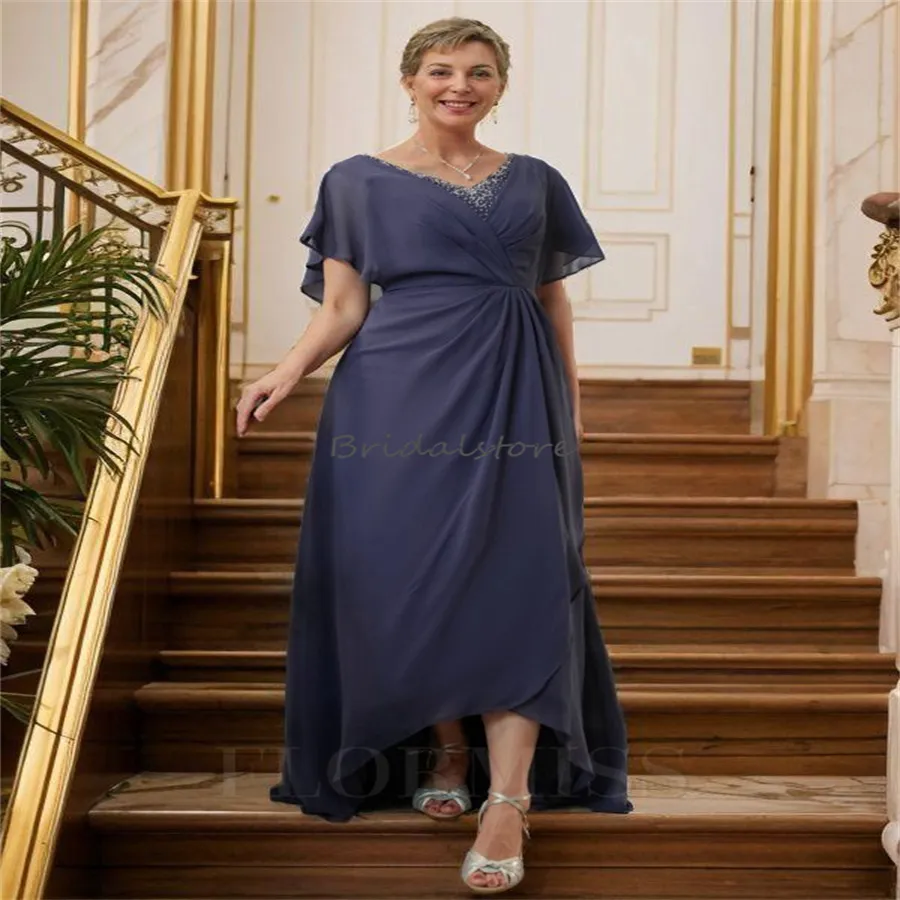 Navy Chiffon of the Bride Dress with Sleeves and Beading - Elegant Wedding Guest Gown for Groom and Mom - Floor Length flutter sleeve formal Dress - Navy Chiffon of the Bride Dress with Sleeves and Beading - Elegant Wedding Guest Gown for Groom and Mom - Floor Length flutter sleeve formal Dress -
