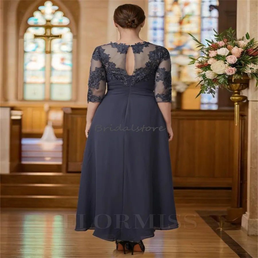 tea length navy blue mother of the bride dress Dark 3/4 Sleeves Empire Waist Lace Top Mother Of The Bride Dress formal receptions Azazie A-Line/Princess V-Neck Tea-Length Chiffon