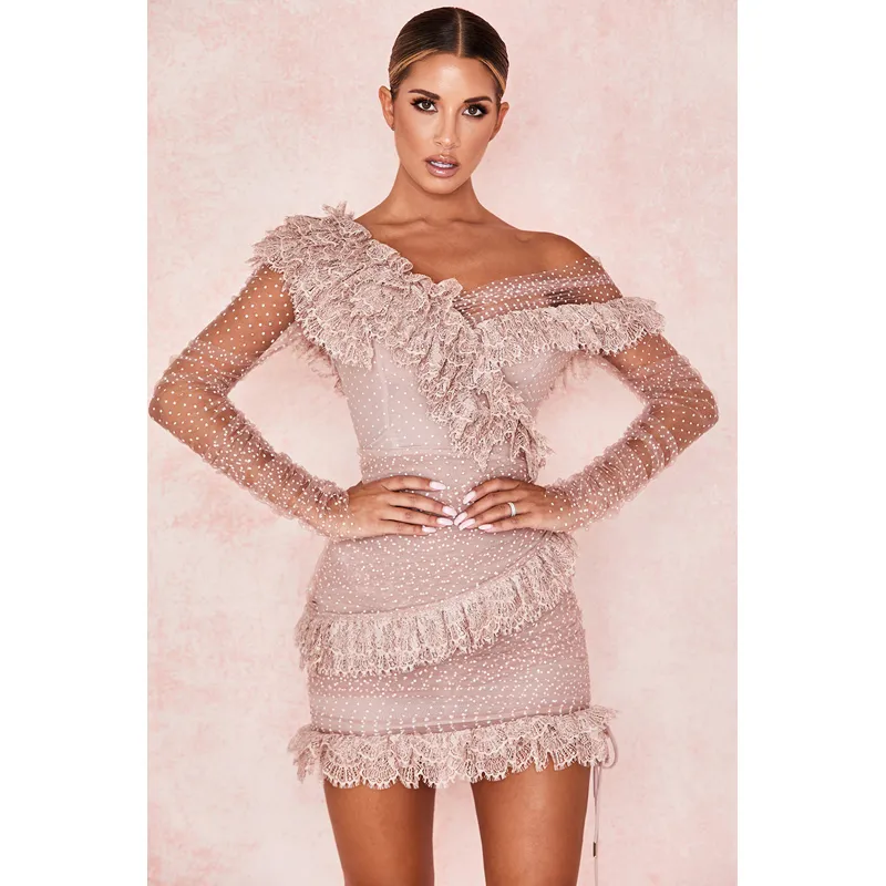 Product Title: Women's Pink Bandage Cold Shoulder Dress - Elegant V-Neck Bodycon with Long Sleeves and Backless - for Club Parties and Special
