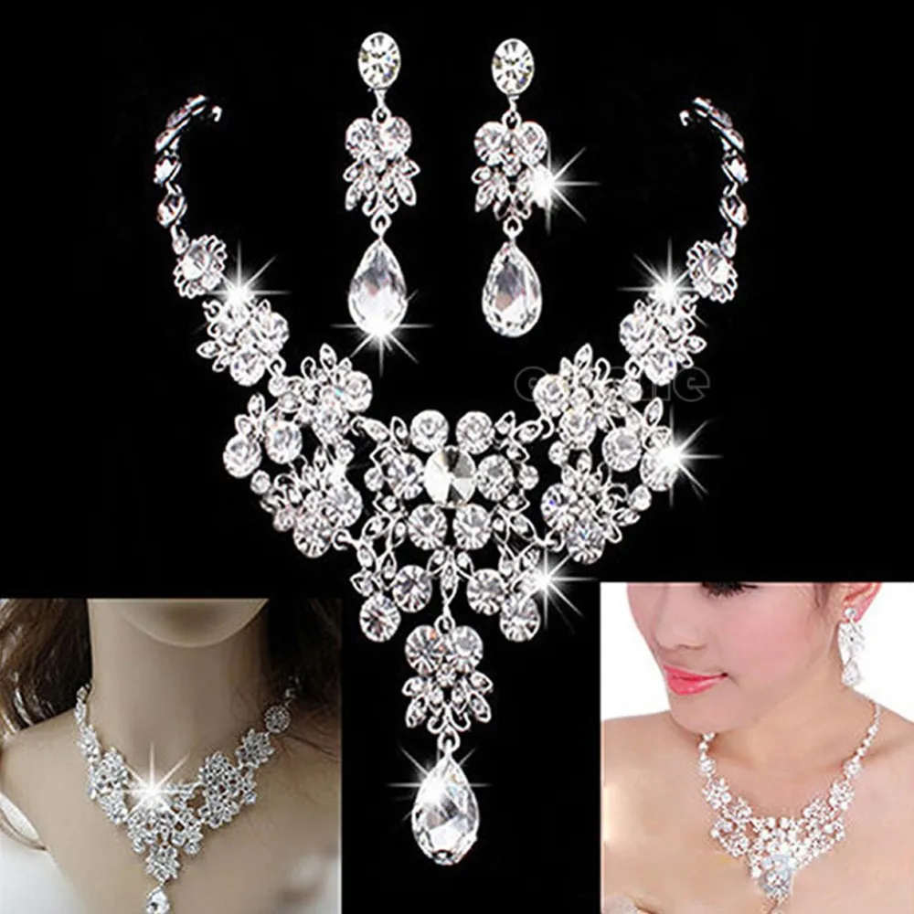 Fdesigner Wedding Pearl & Crystal Necklace Earring Set - Silver Bridal Choker For Bride & Bridesmaids - View #9