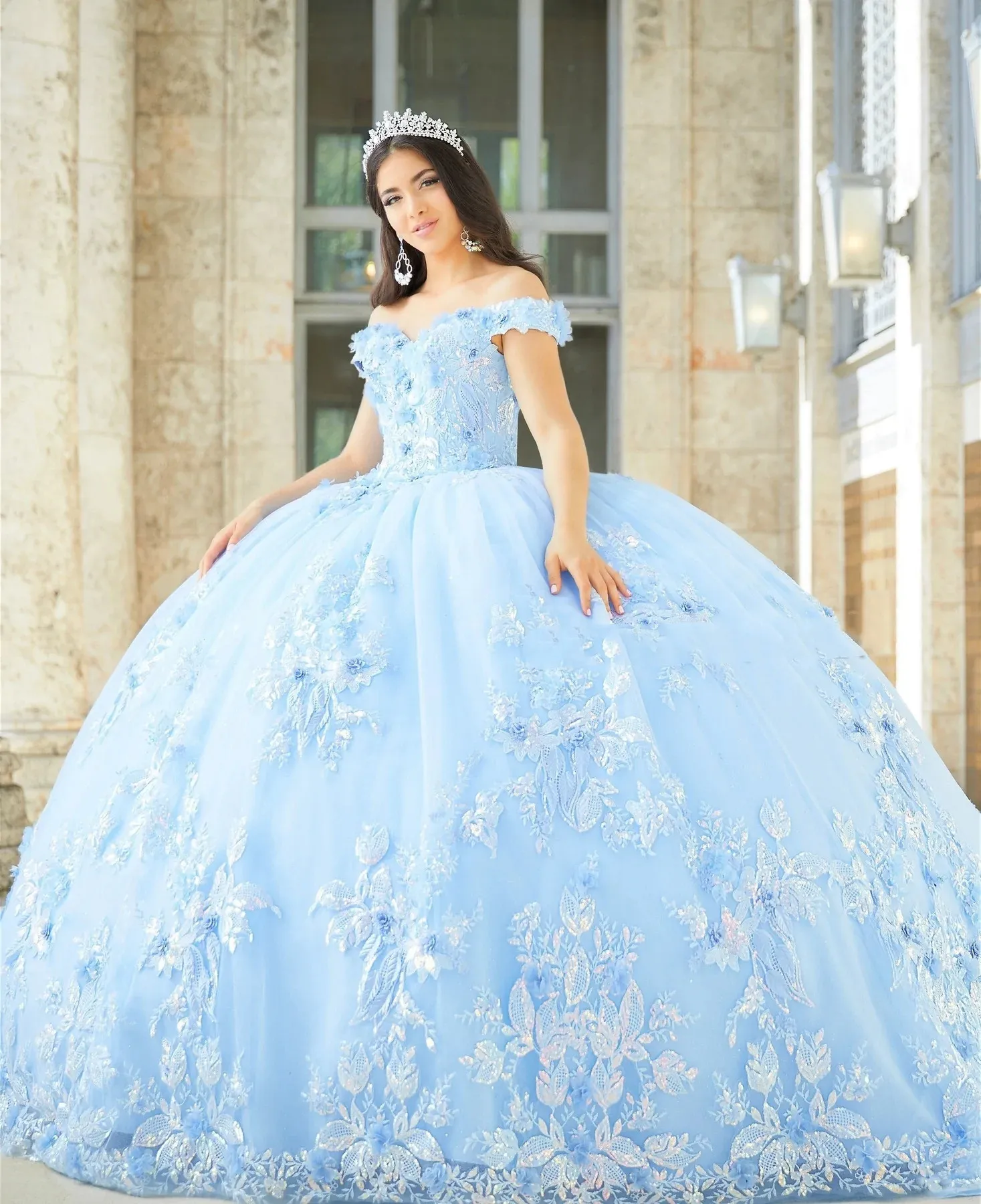blue sweet 16 court dresses Amarra 54216 Long 3D Floral A Line Sweet 16 Glitter Quinceanera Dress