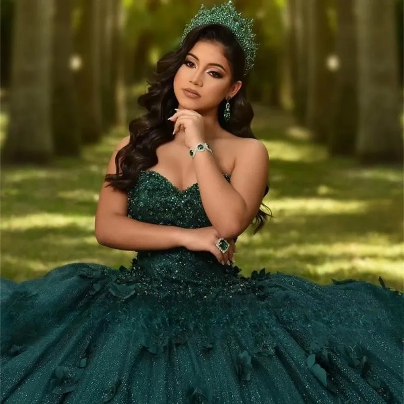 Dark Green Sweetheart 3D Quinceanera Ball Gown Dress with Lace-Up Back and  Sweep Train