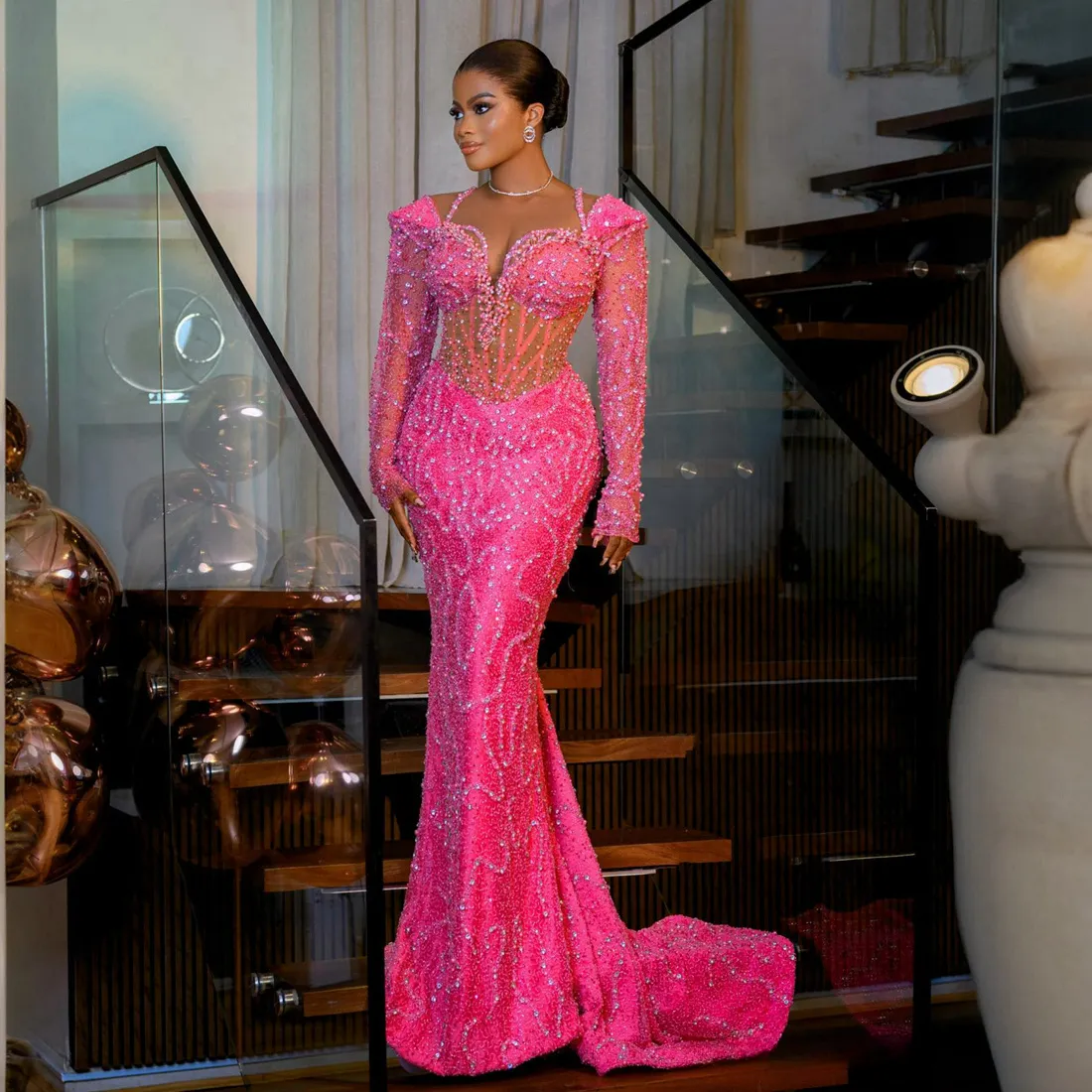 2024 Elegant Fuchsia Prom Dress for Black Women - Illusion Long Sleeve Evening Gown with Beaded Lace and Sparkling Details