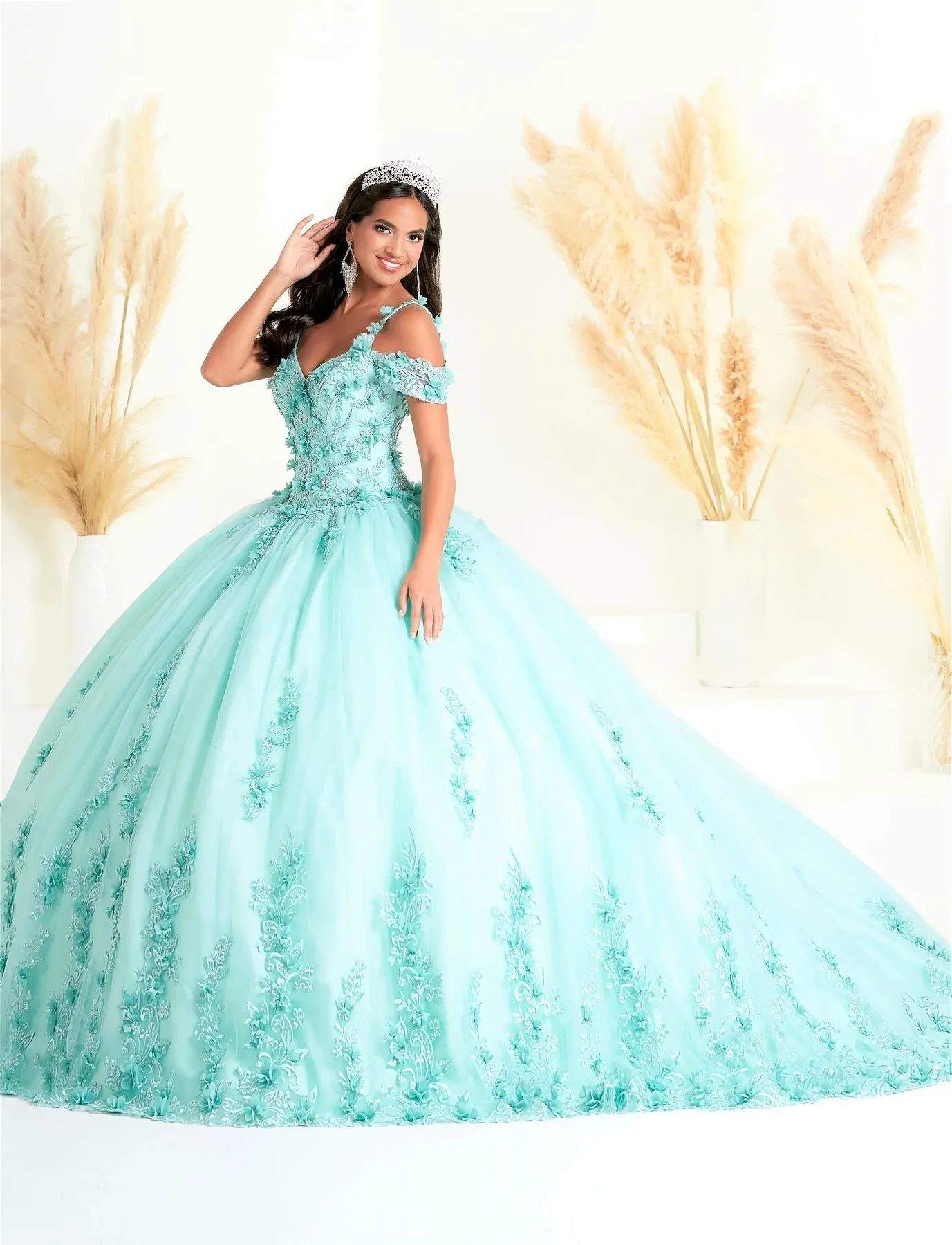 mint green 15 dresses puffy Customized(can Not Refund) Mint Green Quinceanera Dresses Ball Gown Off The Shoulder Tulle Appliques Sweet 16 Dresses 15 Aos Mexican