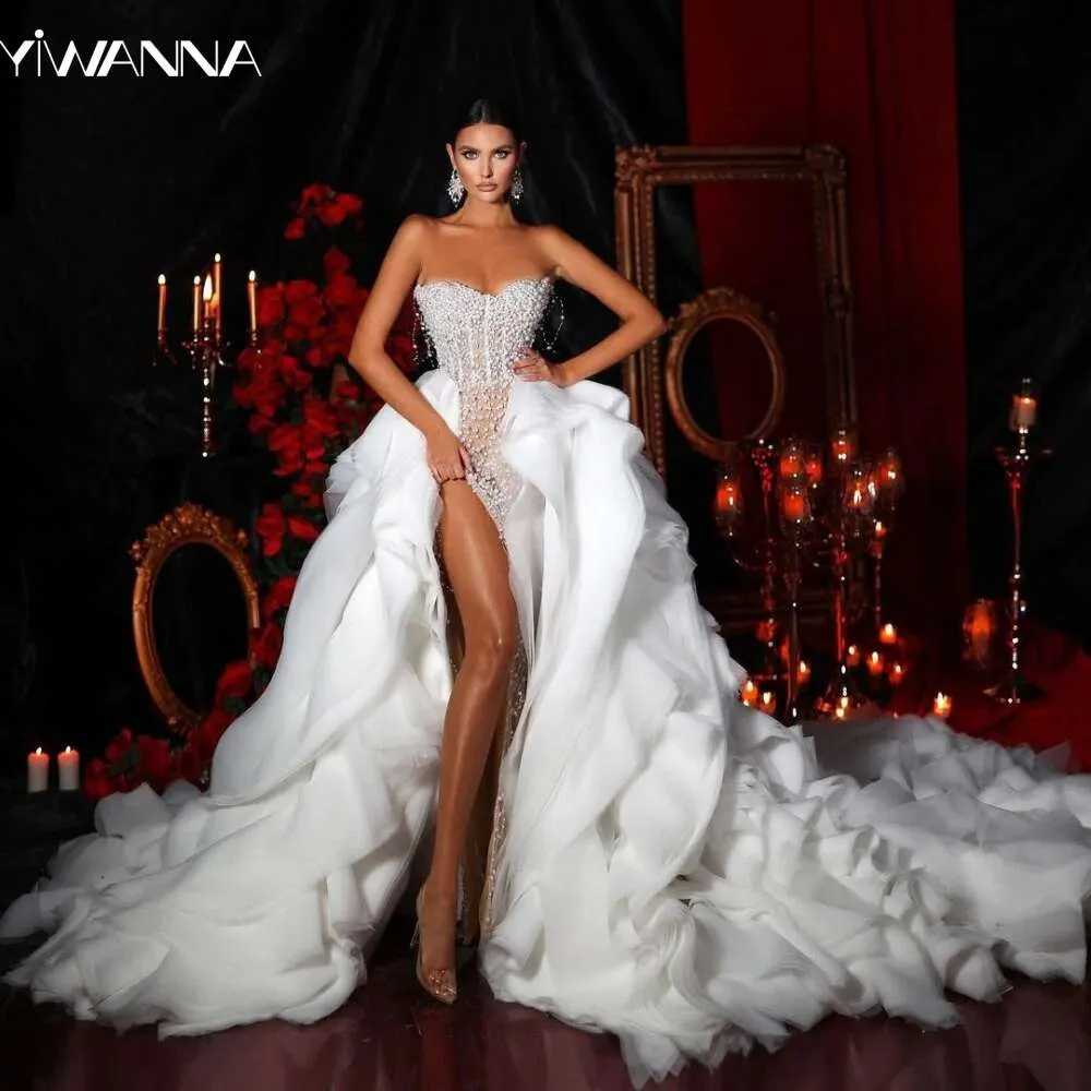 Sexy Side High Slit Bridal Dress Sparkly Pearls special Gown Pleat Long With Detachable tail Bride Robe Vestido de Novia
