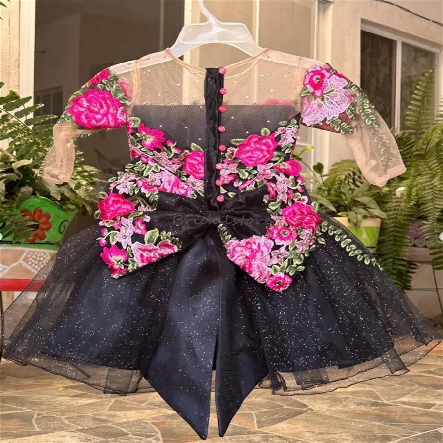 sachin and babi light blue dress Black Embroidered Mexican Flower Tutu Dress - Elegant Kids Pageant Dress with Short Sleeves, Perfect for Birthday, Mariachi, Quinceanera