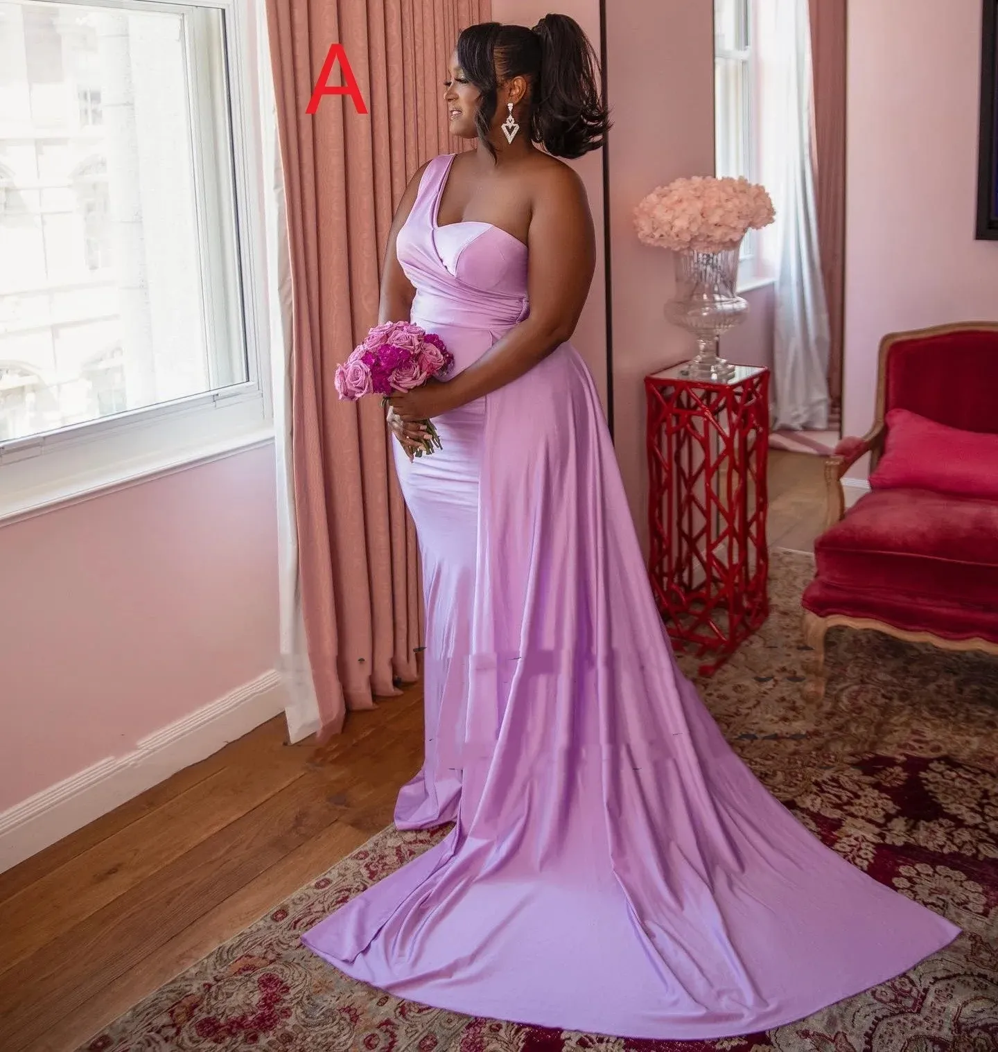 Affordable Lavender One Shoulder Mermaid lilac satin bridesmaid dresses with Streamer for African Women - Perfect for Weddings and Maid of Honor