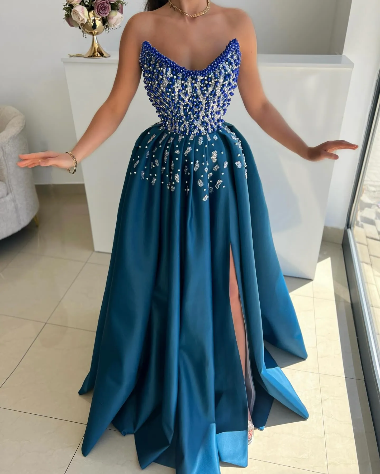 blue dress and pearls Final Sale Luxury Pearls Blue Strapless Evening Dress with Gloves SS395 main image 1