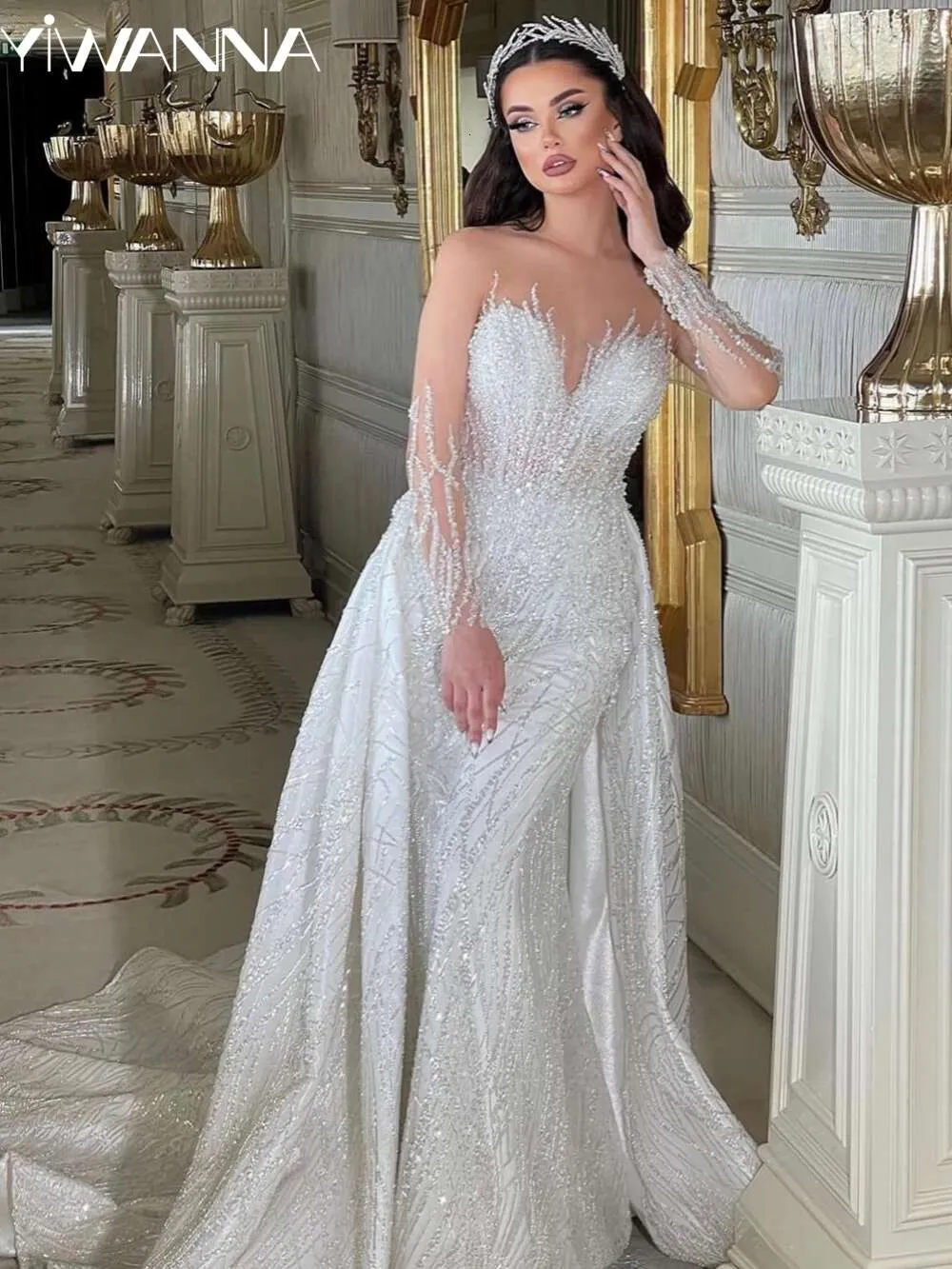 Sparkling Sequin Beaded Mermaid Bridal Dress with Detachable Tail - Modest Long Sleeve wedding gown for the Modern Bride Sparkling Sequin Beaded Mermaid Bridal Dress with Detachable Tail - Modest Long Sleeve wedding gown for the Modern Bride