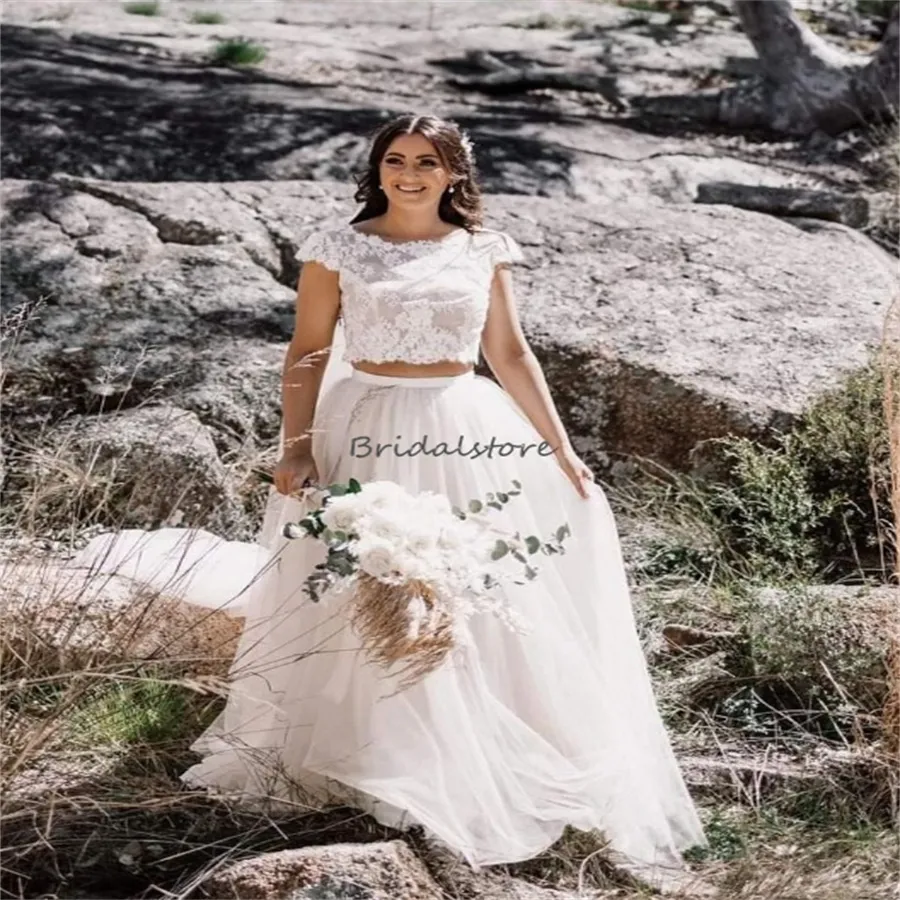 Elegant Two Piece Lace Wedding Dress 2024 Cap Sleeve Tulle Bridal Gown Bohemian Country Style Sweep Train From Bridalstore 93.3 DHgate.Com