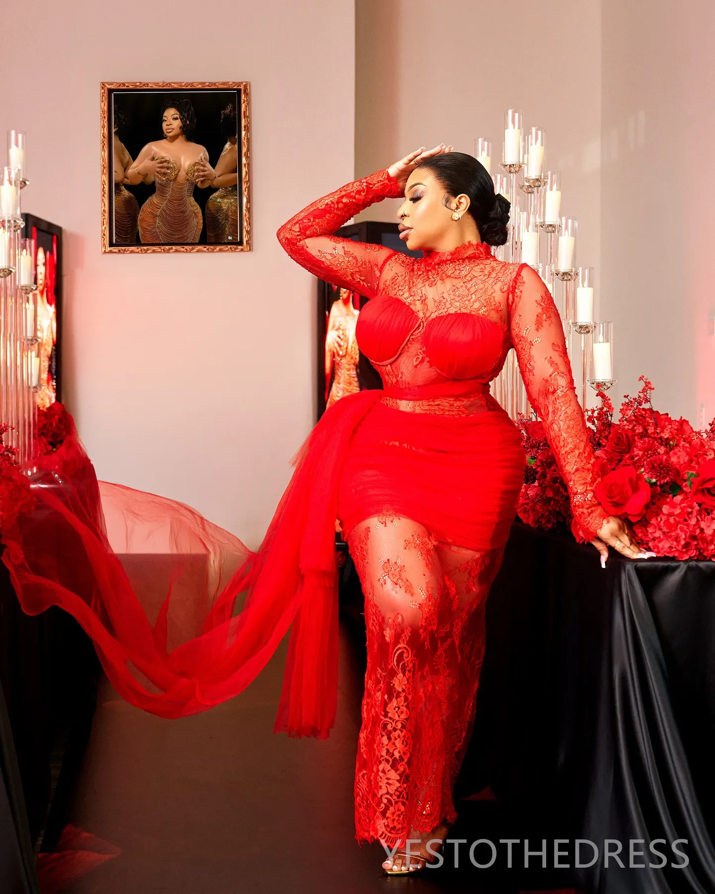 red and black plus size prom dresses Red Lace Tulle Halter Trumpet Plus Size Prom Dress