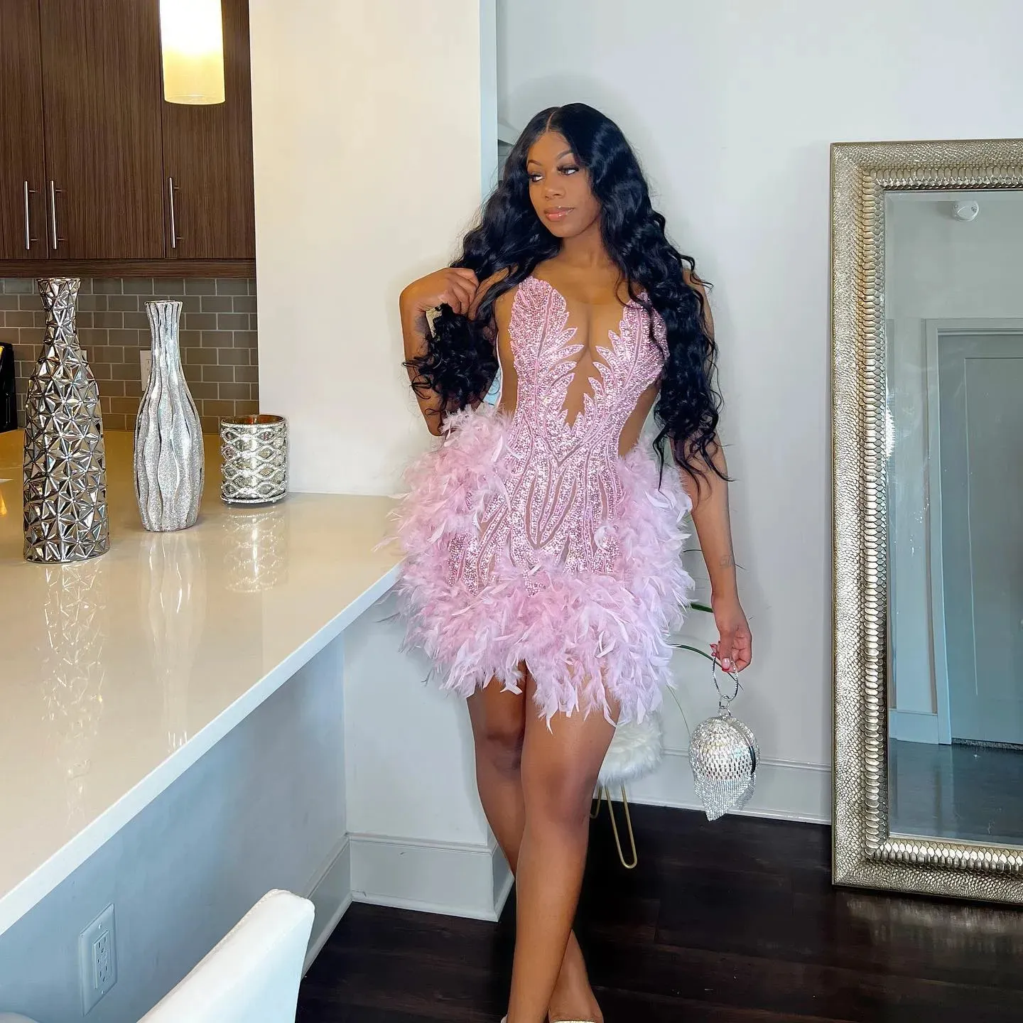 Alluring Crystal-Embellished Pink Feather Cocktail Dress for African  American Women: Prom, Birthday, Homecoming