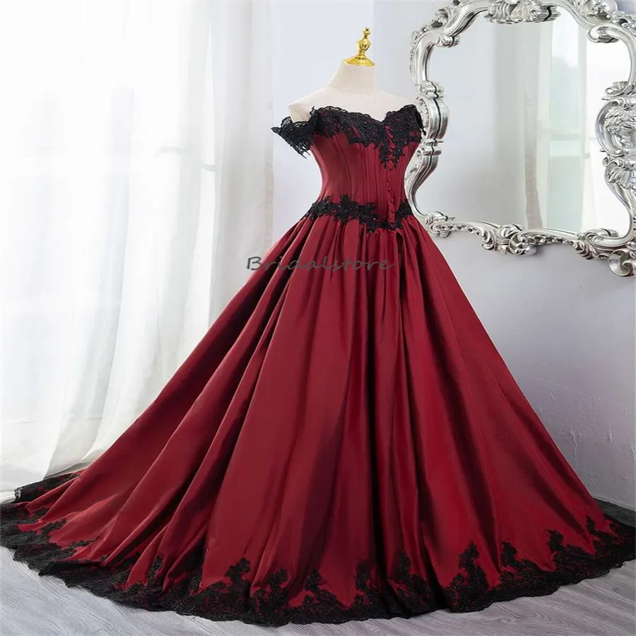 Red Gothic Gothic Wedding Dresses with Black Off-Shoulder Lace and Tie Corset - Aesthetic Country Bridal Gown for 2022