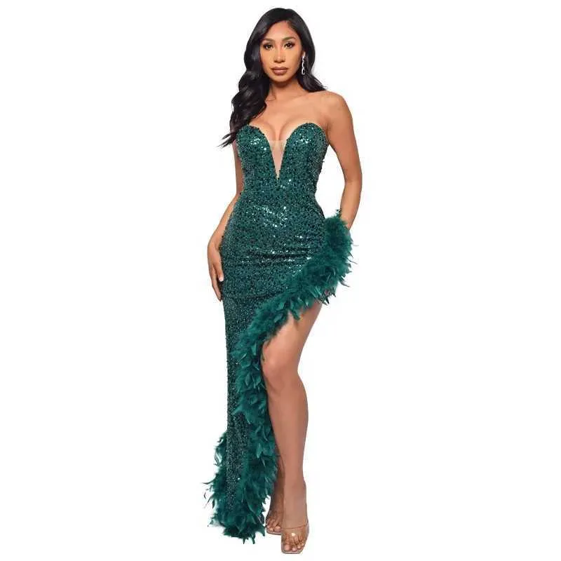 Runway Dresses Women Evening Dresses Asymmetrical Shiny Sequins Feather Cocktail Party Dress Sexy Strapless Long Formal Prom Dresses Xiny189