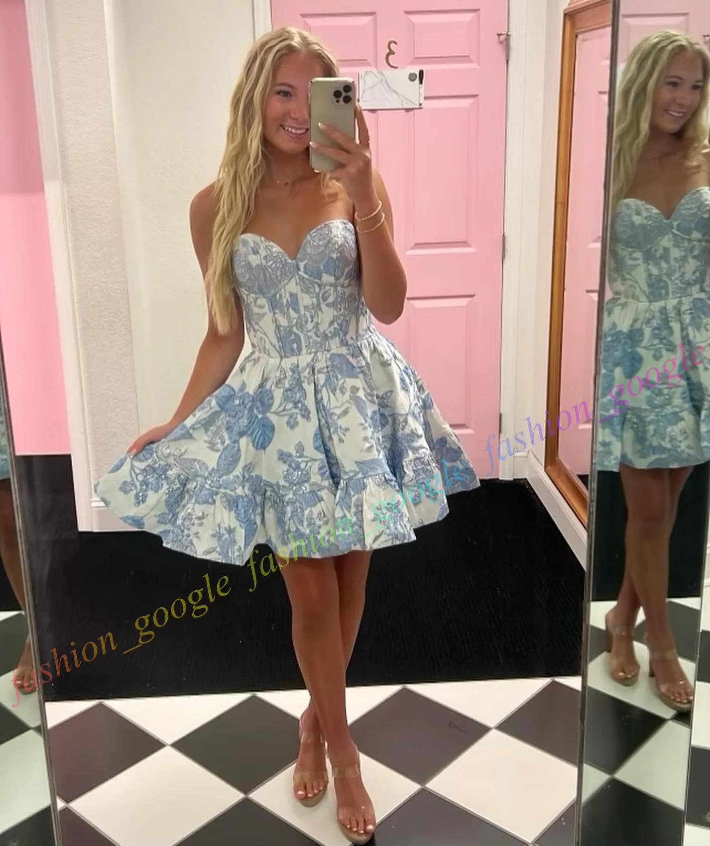 Floral Brocade Cocktail Party Dress Strapless Corset Babydoll Junior Semi Formal Event Hoco Gala Graduation Sweet 16 Dance Homecoming Holiday Bat