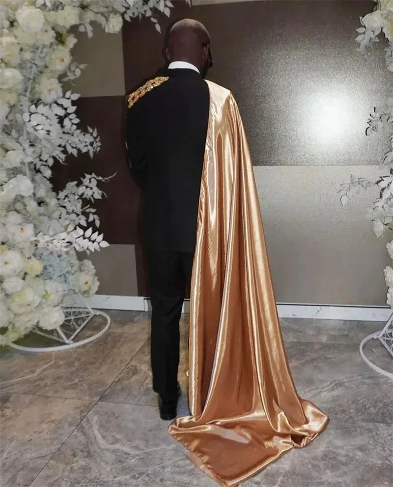 Custom Made Black Cape 2-Piece Men's Black Sequin Pants Suit with Appliqued Blazer and Pants for Weddings, Proms, and Parties, image size:800x990