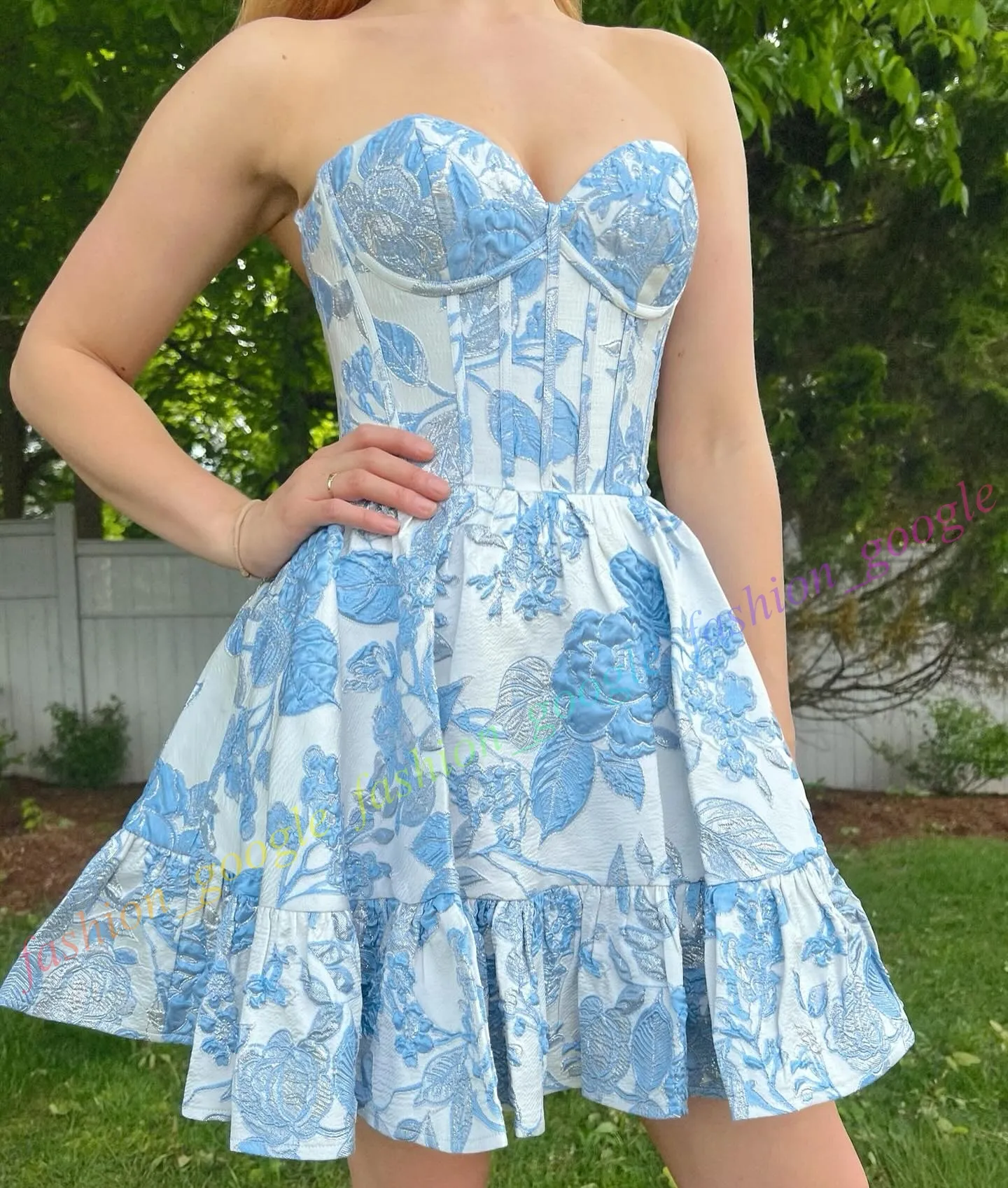 Floral Graduation Dresses Blue Brocade Strapless Corset Cocktail Dress For  Juniors Homecoming