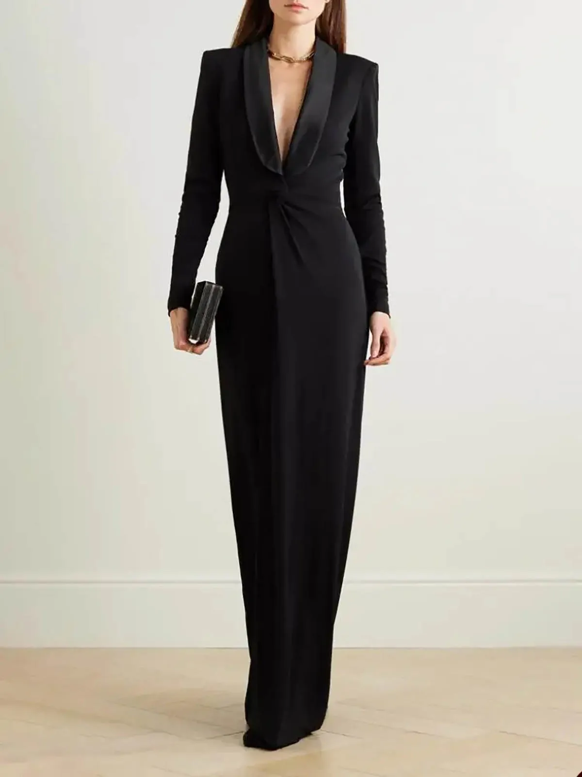 Elegant Black Satin V Neck Long Blazer Dress For Prom... From Greatvip,  $66.74