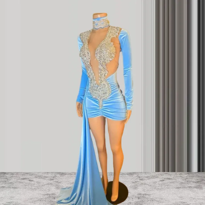 Blue Velvet Sheer Crystal Beaded Short Tulle Cocktail Dress with Long  Illusion Sleeves for Black Girls from Dhgate Prom Dresses - price 146.1