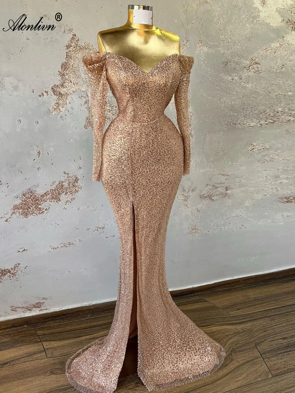 Long Mermaid Style Prom Dress with Sequined Fabric and Pearl Embroidery,  Off-Shoulder, Long Sleeve, Sweep Train from Dhgate Party Dresses - price  173.66