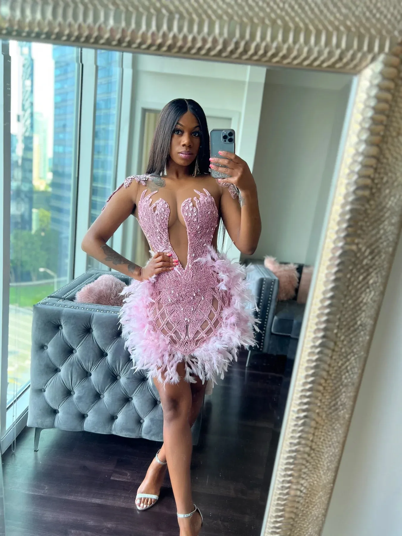 Sexy Pink Feather Crystal Sheer Neck Short Prom... From Jjsfashion, $151.64  | DHgate.Com