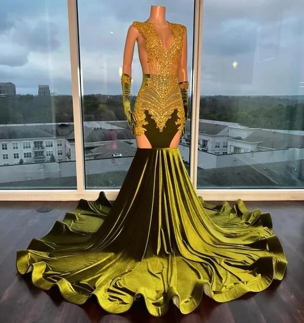 slim fit dress slacks Dark Green Velvet Prom Dress Vintage Gold Beaded Neckline Evening Gown main image 0