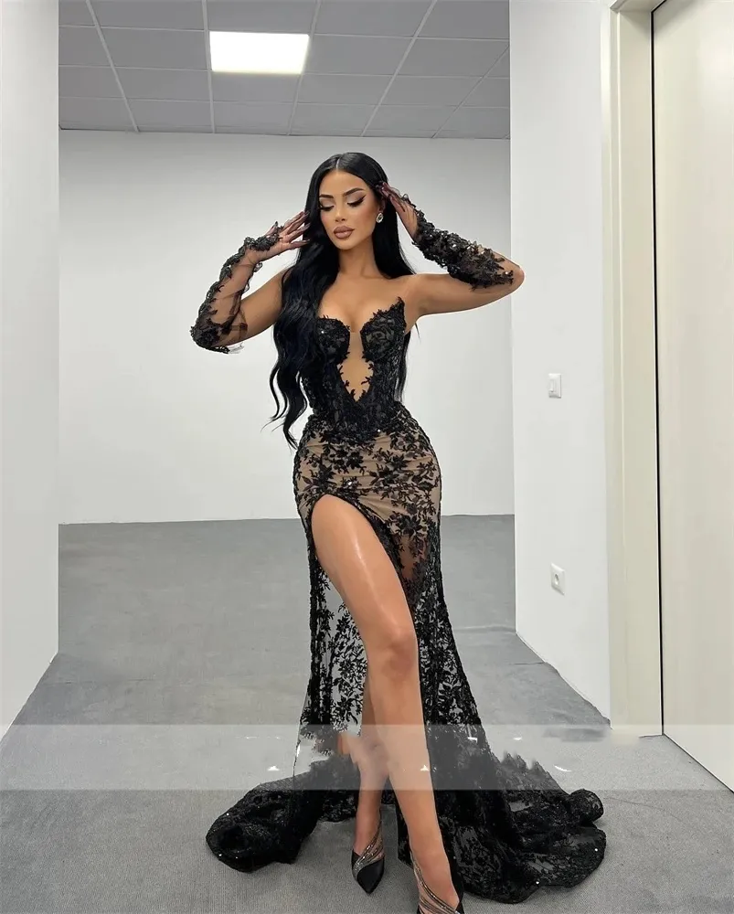 Black Sweetheart Prom Dress Trumpet Lace with High Slit, Sheer 3/4 Sleeve,  Applique, Sweep Train from Dhgate Prom Dresses