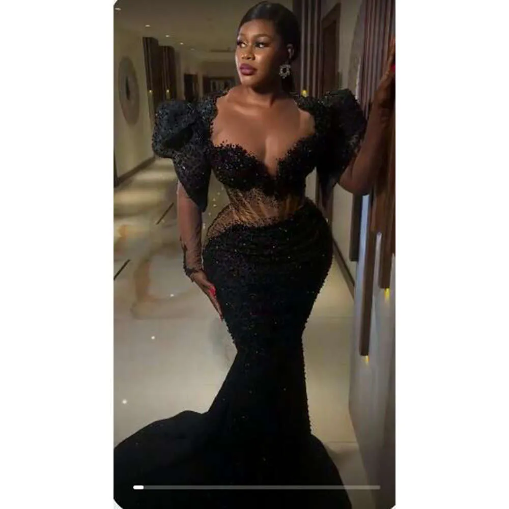 Sexy Black Lace Mermaid Black Mermaid prom dress with Long Sleeves - Perfect for African Evening Events and Formal Parties (Style 0218)