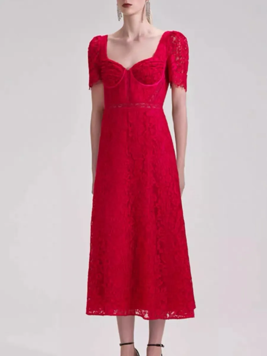 knee length dresses for ladies Self-portrait Lace sheath midi dress Red - Women main image 1