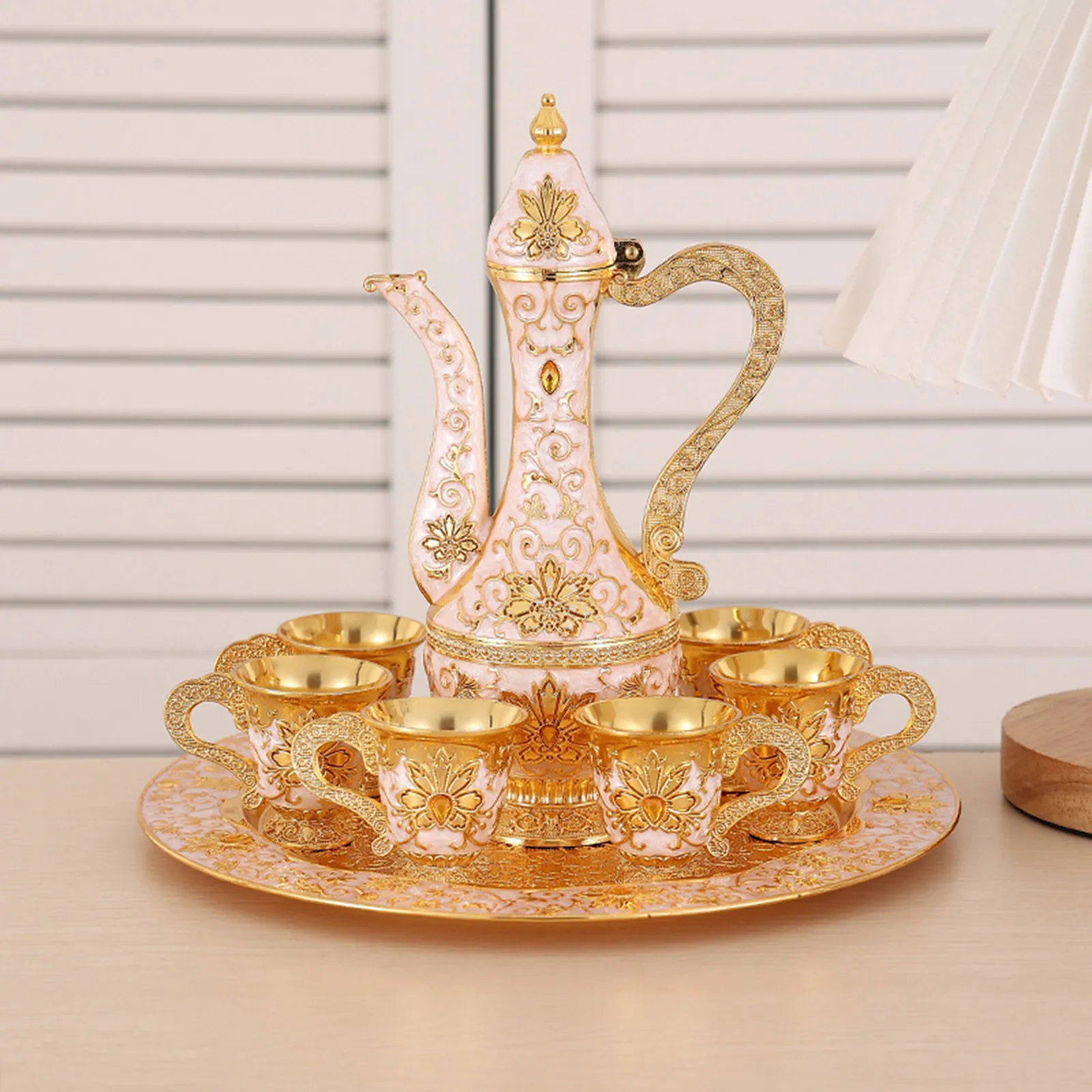 Vintage Turkish Coffee Pot Set With Tray & 6 Cups - Zinc Alloy Silver-White Retro Serving Set For Coffee & Tea