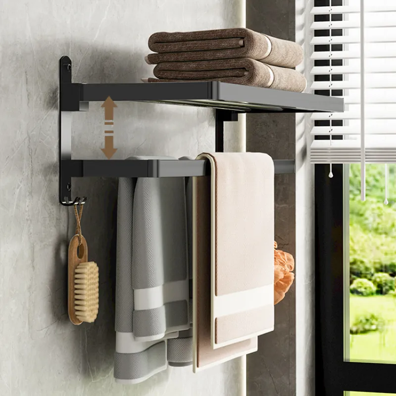Wall-Mounted Double Tier Towel Rail With Hooks – Foldable Bathroom Shelf & Rack
