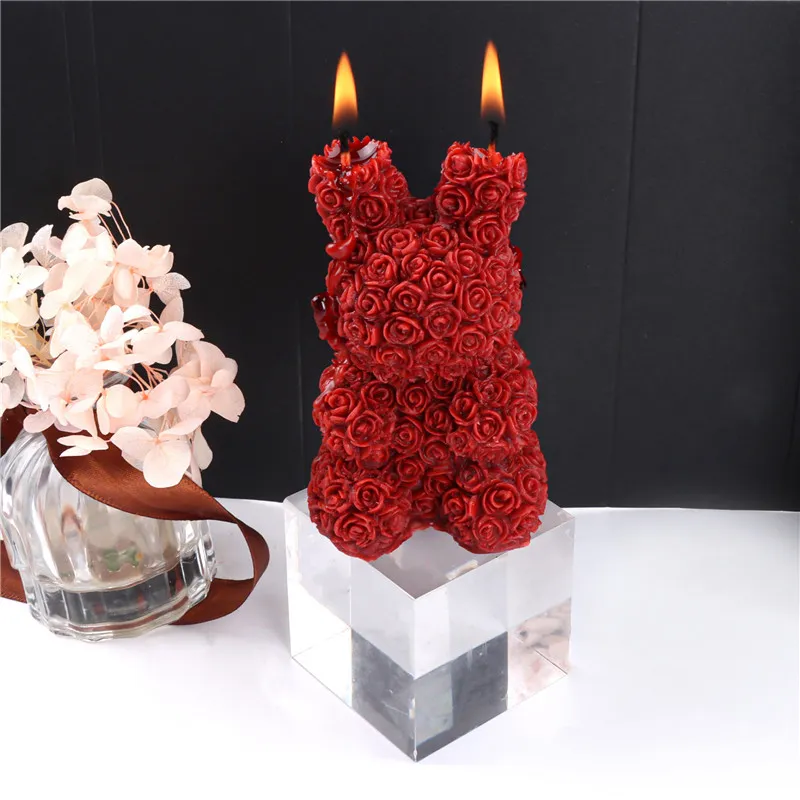 Cestony 4.4x3.93inch 3D Rose Bear With Love Candle Silicone Molds For Making Candle Resin Pillar Aromatherapy Candles Wax Soap Flower Specimen Clay