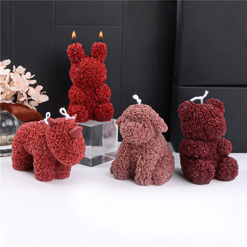 Cestony 4.4x3.93inch 3D Rose Bear With Love Candle Silicone Molds For Making Candle Resin Pillar Aromatherapy Candles Wax Soap Flower Specimen Clay