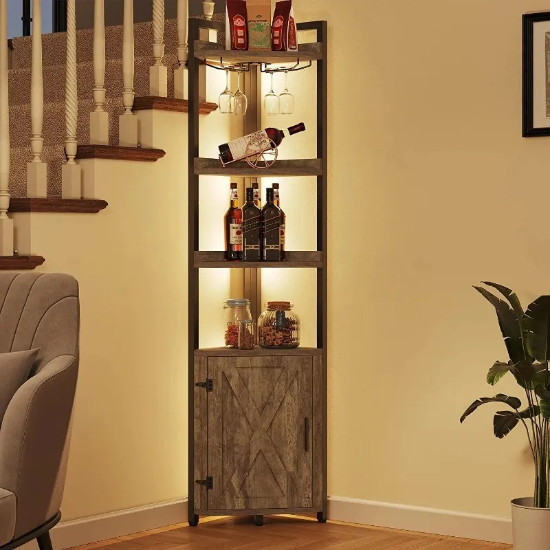 Rustic 5-Tier Corner Shelf with Wine Glass Holder and Adjustable