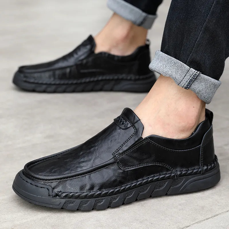 Mens Genuine Leather Loafers: Breathable Casual Slip-On Shoes for