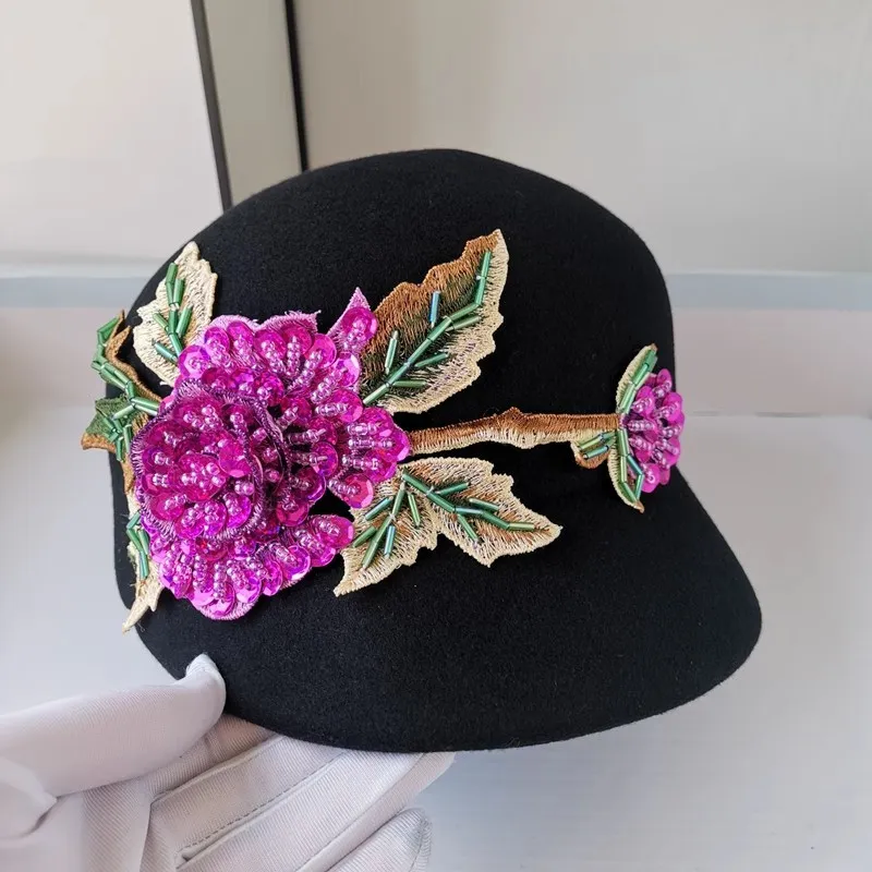 Chic Black Hat with Pink Floral Embroidery Plum Blossom Embroidery Baseball Cap Elegant Flower Black  main image 2
