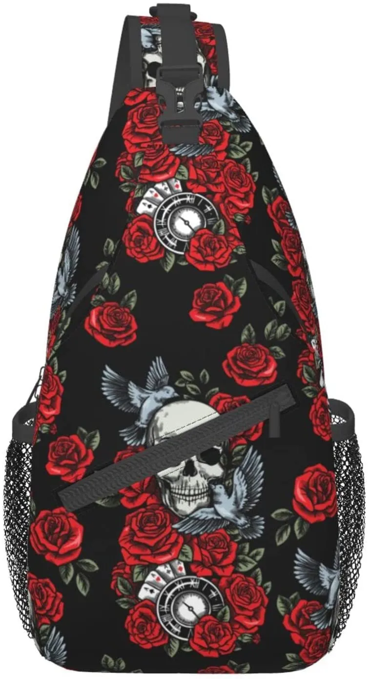 Gothic Skull Sling Bag Backpack Daypack Crossbody Shoulder Bag Amazon.com: bassyil Skull Rose Sling Bag Crossbody Travel  main image 3