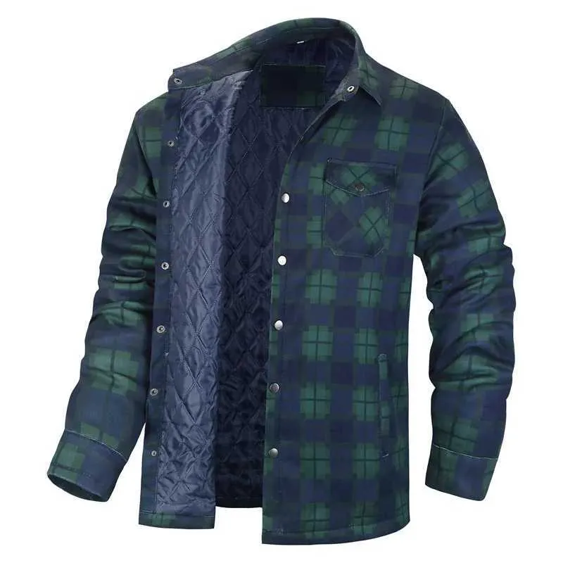 Men's Winter Plaid Quilted Down Parka Jackets, Thick Green Checked Shirt  Jackets, Casual Long Sleeve Jackets, Big and Tall Sizes (S-5XL)