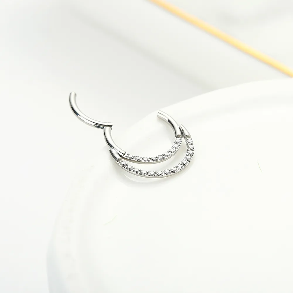 G23 Titanium Double Hoop Daith Earrings: Clear CZ Septum Piercing Jewelry