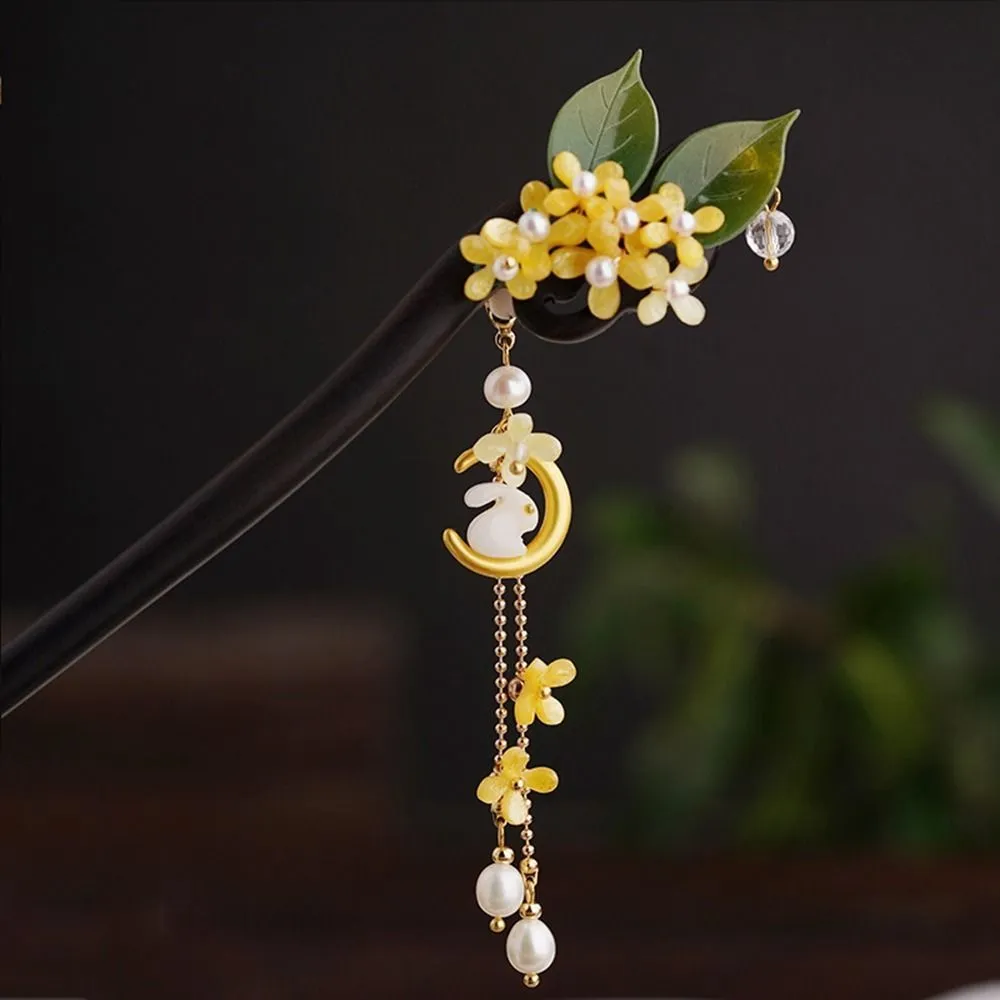 Elegant Jade Hair Pin Sticks 2pcs with case Elegant Chinese Hair Sticks: Traditional Flower Tassel Jade  main image 4