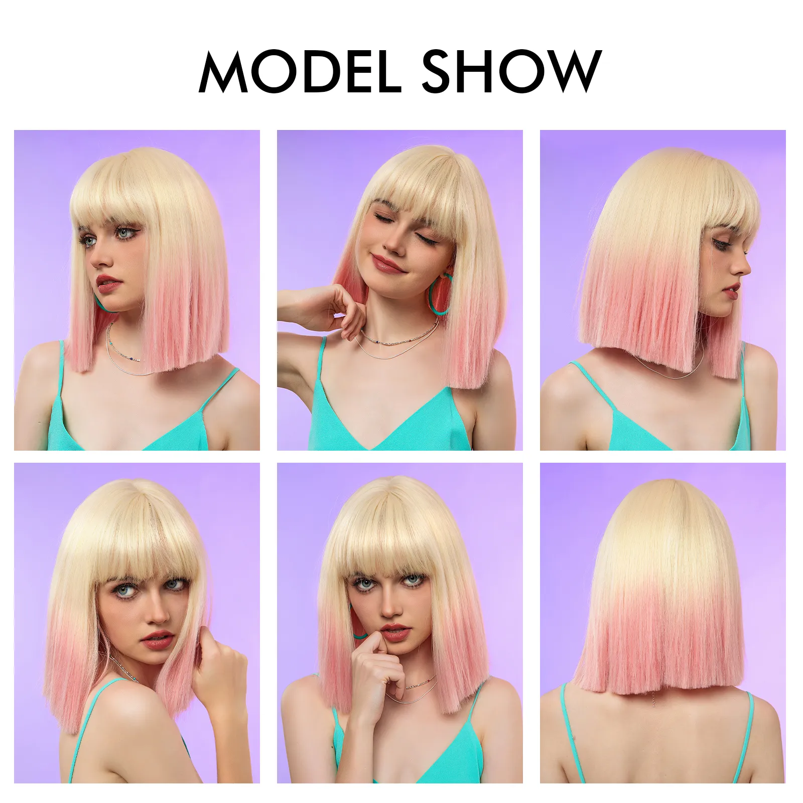 Short Synthetic Ombre Bob Wig Blonde to Pink with Bangs Heat 