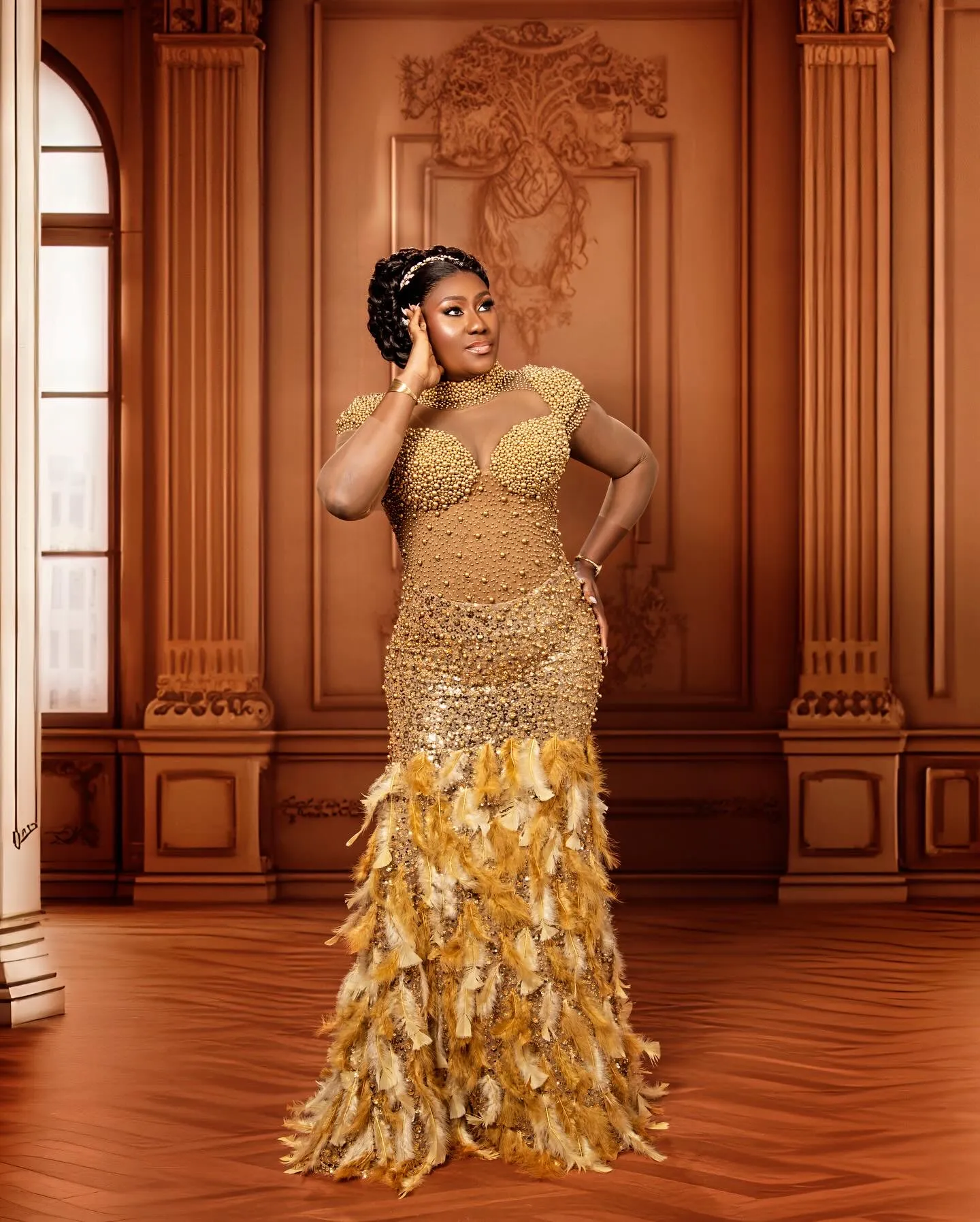 gold dress with pearls PEARL & SWAROVSKI BEADED RUFFLE SHOULDER GOWN