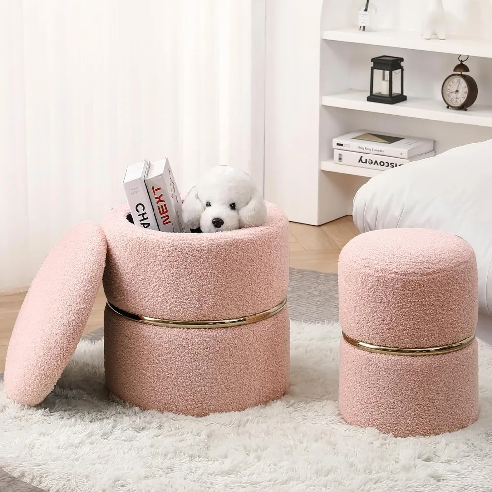 Plush Velvet Round Storage Ottoman Footstool with Removable Lid for Living Room Bedroom Makeup Room Pink