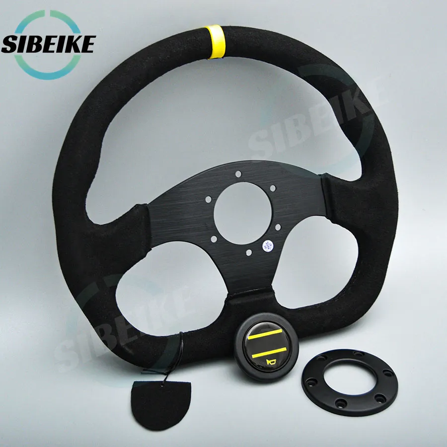 Suede Leather D-Shape Racing Steering Wheel - 13 Inch Flat Dish Sports ...
